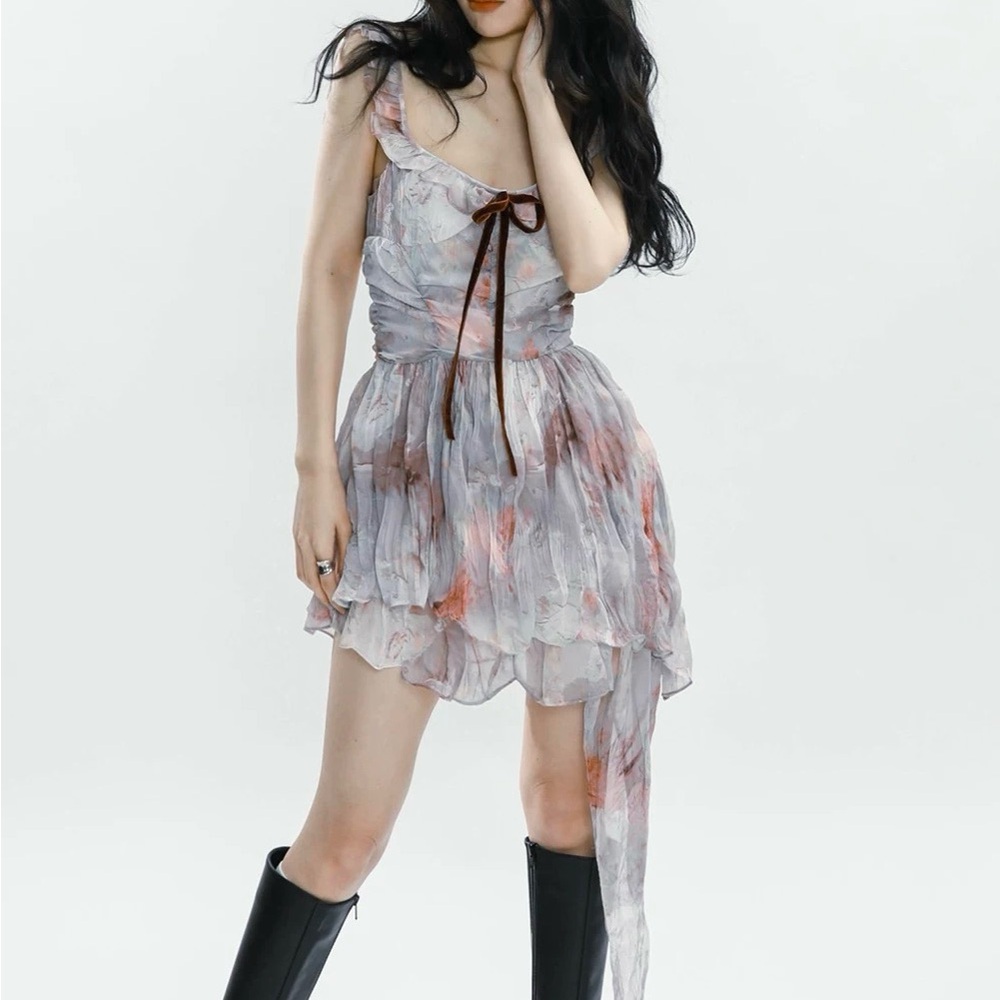Floral Chiffon Dress with Bow Detail